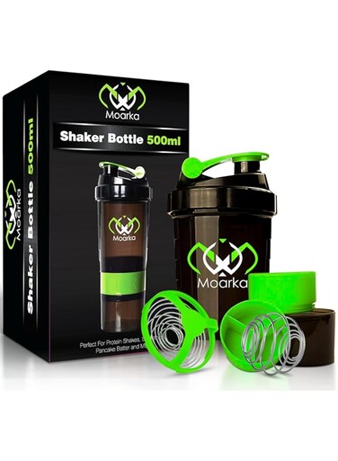 Moarka Protein Shaker Bottle - Leak Proof Protein Mixer Cup - Non-Slip Gym Protein Mixing Bottle with Supplement and Pill Storage Container (Green &amp; Black)