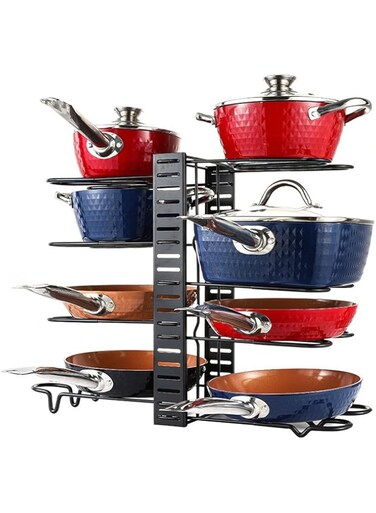 Tycom Pots and Pans Organizer for Cabinet,Kitchen Organizer and Storage Rack,Space Saving Stand with Adjustable Dividers,8 Layer Double Sided With Iron Wire Black.