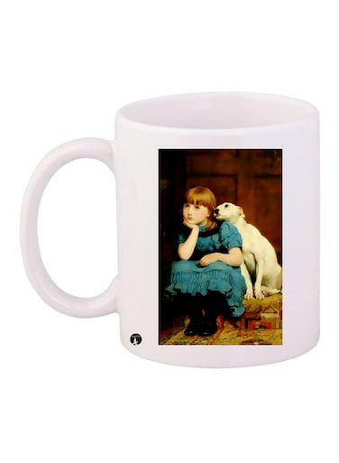 Girl With Dog Printed Coffee Mug White/Blue/Brown 11ounce