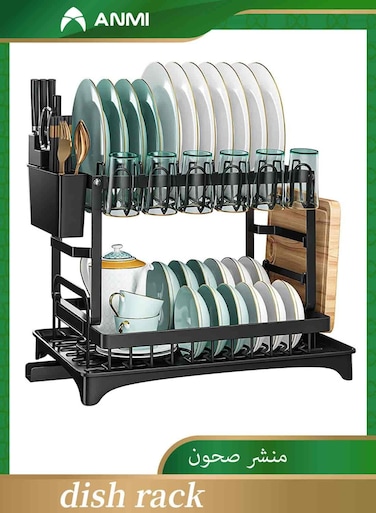 Dish Drying Rack Multifunctional Dish Rack Rustproof Kitchen Dish Drying Rack with Drainboard Space-Saving 2-Tier Dish Drying Rack with Utensil Holder &amp; Cup Holder for Kitchen Counter &iuml;&frac14;&circ;Black&iuml;&frac14;&permil;