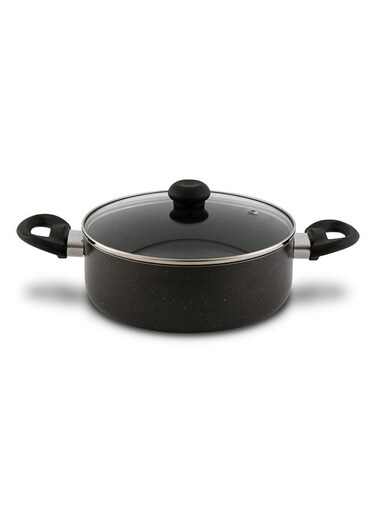 Non Stick Sauce Pan 28 CM- Superior Aluminium with High-Grade Granite Gray Coating, PFOA Free, Tempered Glass Lid, Heat Proof Bakelite Handle, Eco-Friendly, Multiple Cooktop Compatible
