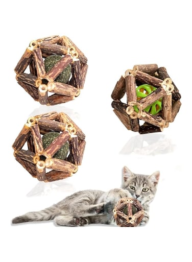 Tazweeq Cat Catnip Toys,Catnip Ball Toys,Nature Silvervine Stick Cage Cat Bell Balls, Catnip Toys for Cleaning Teeth, Relaxing Cats, Cat Toys for All Breeds(3 Packs)