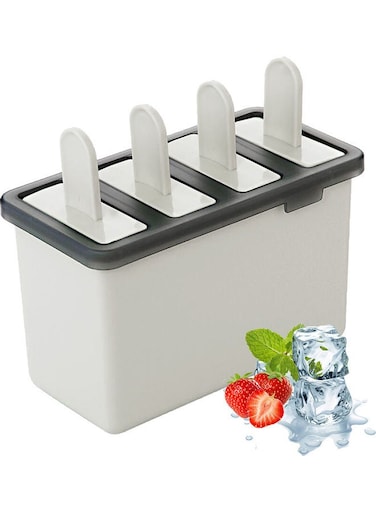 Lolly Mold 4 Ice Mold Reusable Ice Pop Maker Holder Ice Cream DIY PP Mold With Base Tray Sticks Beige 13.6*7*11.8cm