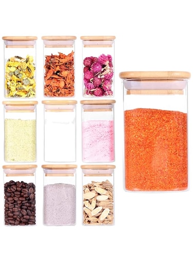 Tzerotone 10 Pcs Glass Spice Jars - 8oz Empty Square Spice Storage Containers With Bamboo Airtight Lid and Labels - Thicken Small Glass canister for Kitchen Seasoning,Coffee Bean,Tea,Suger,Herbs