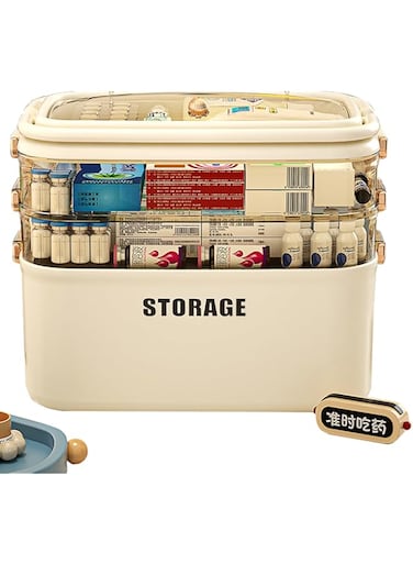 U-HOOME Medicine Storage Box,Large Plastic Pills Organizer Box with Compartments &amp; Handle,First Aid Kit Storage Case,Medicine Household Emergency Box,Beeds/Toys/Jewelry Storage Organiser (Cream)