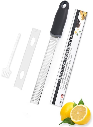 Lemon Peeler &amp; Cheese Grater, 304 Stainless Steel Citrus Zester Kitchen Grater with Protective Cover &amp; Cleaning Brush for Parmesan, Chocolate, Fruits, Vegetables, Ginger, Garlic, Nutmeg - Black, 12inch