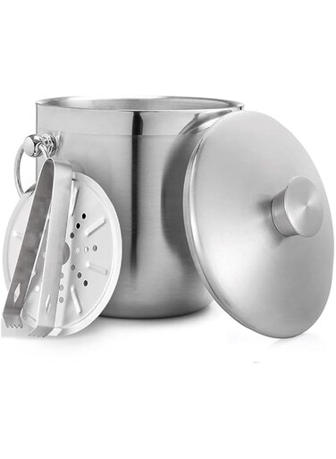 Spnor Ice Bucket with Lid and Strainer - Well Made Insulated Stainless Steel Double Wall Keep Ice Frozen Longer - Bonus Ice Tongs - 3 Liter
