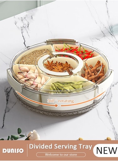 Divided Rotating Serving Tray with Lid &amp; Handle 6 Compartments, Multi purpose Food Organizer and Storage Platter, Portable Snackle Box for Fruits Snacks Veggie Charcuterie, Fridge Organizer