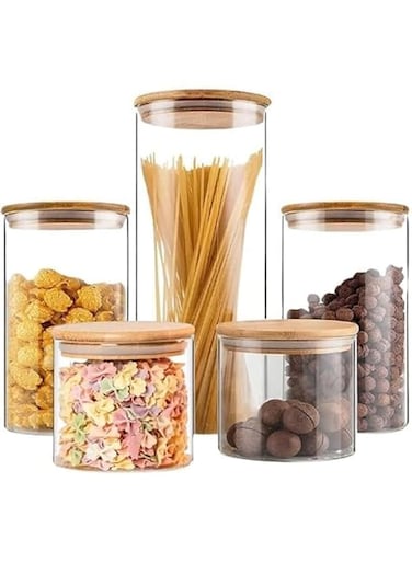 𝐏𝐈𝐂𝐂𝐀𝐒𝐈𝐎 5 Pcs Glass Canister sets with Bamboo Lids, Cookie Jars, Airtight High Borosillicate Container, Multi Sizes Clear Food Storage Cookie Jars,Spice Jars Pasta Cereal &amp; Herbs (round)
