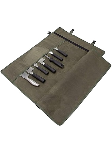 THE WHITE SHOP Chef&rsquo;s Knife Roll Bag, Waxed Canvas Knife Cultery Carrier, Portable Chef Knife Cases, Knife Pouch Holders With 10 Slots Plus 1 Zipper Pockets Can Hold Home Kitchen Knife Tools(Green)