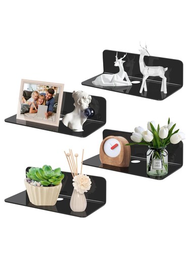 Set of 4 Wall Shelves No Drilling Black 23 cm Shelf No Drilling Acrylic Bathroom Shelf Floating Shelf with Cable Hole Wall Boards Shelf Floating Shelf for Gluing for Bathroom Office Living Room