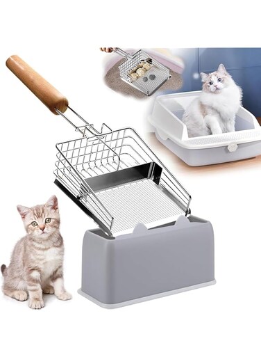Angju Stainless Steel Cat Litter Scoop with Holder- 2-Way Adjustable Sifter - Large Metal Cat Litter Scooper &amp; Heavy Duty - Non-Stick Fast Sifting - Holder Base - Ergonomic Beech Wood Handle