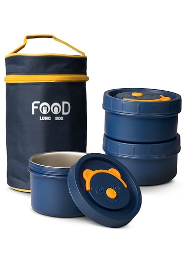 Stainless Steel Insulated Lunchbox for Adults &acirc;&euro;&ldquo; 600ml + 2&Atilde;&mdash;400ml Leakproof Thermos Bento Set with Double-Wall Heat-Resistant Containers &acirc;&euro;&ldquo; Ideal for Office Use (Blue)