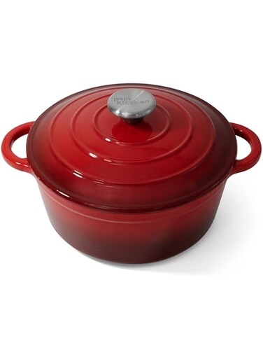 joeji's Kitchen Red Cast Iron Casserole Dish with Lid for Oven and Hob, Non-stick Dutch Oven Enamelled Casserole Pot for Hob and Oven, Versatile 2.7L Cookware for Stew, Slow Roasts, Baking, and more