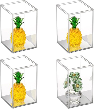 OGANAZI 4 Pack Clear Acrylic Stackable Display Boxes with Sliding Lid and Mirror Bottom