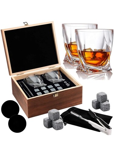 Fitmos Whiskey Stones and Whiskey Glass Gift Boxed Set, 8 Granite Chilling Whisky Rocks, 2 Glasses in Wooden Box, Great Gift for Father's Day, Dad's Birthday or Anytime For Dad, Plus 2 Free Coasters