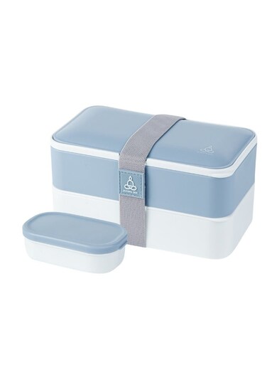 Bento Tek 40.5 Ounces Stackable Lunch Box, 1 Reusable Adult Lunch Container - With Utensils, Included Sauce Cup, Blue &amp; White Plastic Layered Lunch Box, Microwavable, Dishwashable