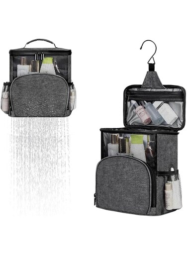 CENXI Portable Shower Caddy Dorm, Hanging Shower Bag for Camping Drain from Bottom, College Dorm Room Essentials for Guys, Mesh Shower Tote Bag with Hook, Travel, Gym, Bathroom, Gray