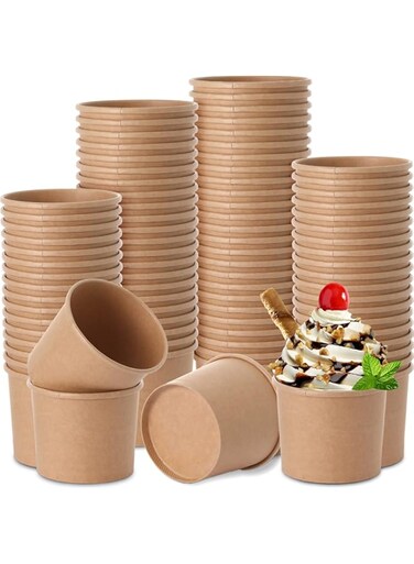 Honeydak 100 Pieces Ice Cream Cups Paper Disposable Sundae Bowls Kraft Paper Hot Cold Soup Snack Yogurt Dessert Small Cups for Ice Cream Baby Shower Party Supplies, Brown(8 oz)