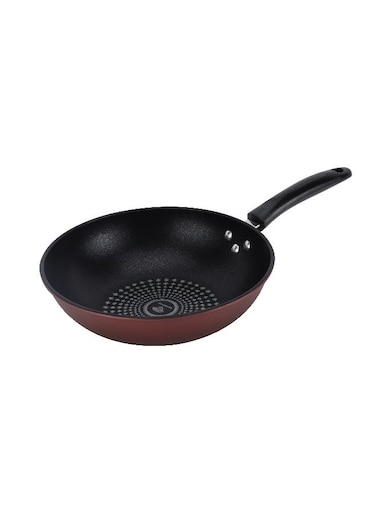 28 CM Carbon Steel Wok Pan with Non-Stick Coating- RF12121  Stylish Design with Soft Touch Handles, Spiral Design Bottom   Induction Compatible, Perfect for Deep and Shallow Frying  Maroon