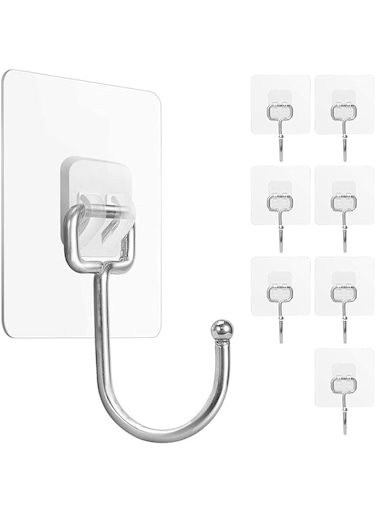 KASTWAVE 8 Pack Heavy Duty Clear Adhesive Hooks - Waterproof &amp; Removable Wall Hooks for Bathroom, Kitchen, Office - Strong Sticky Hooks for Multiple Uses