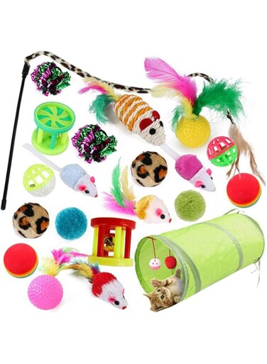 ANTOLE 21Pcs Cat Toys Kitten Toys Assortments Cat Interactive Toy, Tunnel Balls Fish Feather Teaser Wand Mice for Cat Puppy Kitty