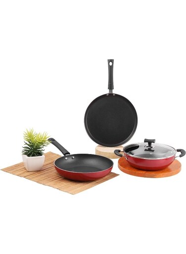 Popular Non-Stick 3 Pcs Cookware Combo Set - Kadai with Lid 24cm (2.4 litres), Fry Pan 24cm, Dosa Tawa 28cm Comes with Sturdy Riveted Bakelite Handle, Induction and Gas Stove Friendly - Red