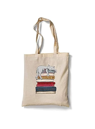 SHYTECH Reusable Eco-Friendly White Cotton Canvas Tote Bag/Grocery Shopping Bag/Shoulder Bag Cat On Books