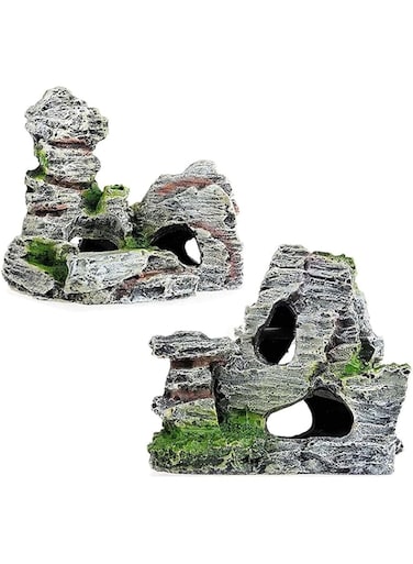 FDTY 2pcs Aquarium Mountain View Stone Ornament with Green Grass for Fish Shrimp Hide Aquarium Decoration Resin Aquarium Accessories