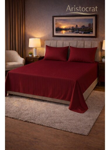 3&acirc;&euro;&lsquo;Piece Striped Microfiber Flat Bed Sheet Set, suitable for Queen and King sizes, 220x240cm &acirc;&euro;&ldquo; Soft Breathable Flat Sheet with 2 Pillowcases 50x70cm, Maroon Microfiber Maroon 220x240cm