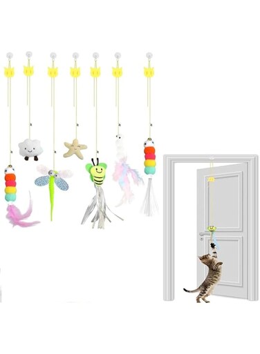 SAHENITEANA 7 PCS Cat Plush Toys,Feather Cat Games,Interactive Cat Feather Teaser Toys,Retractable Cat Self Play,Hanging Indoor Kitten Play Chase Fun Toys,Pet Toy Kitten Toys