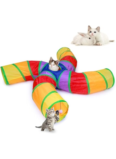 EGETOTA Cat Tunnel, 4 Way S Shape Collapsible Tube with Interactive Ball &amp; Storage Bag, Pet Toys for Small Pets, Cat, Puppy, Kitty, Kitten, Rabbit (Rainbow)