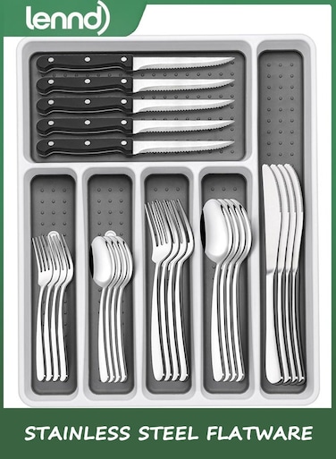 49-Piece Silverware Set with Organizer, Heavy Duty Stainless Steel Flatware for 8, Cutlery Utensil Sets with Steak Knives, Rust-proof, Mirror Polished, Dishwasher Safe