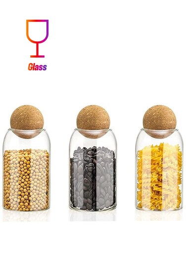 Glass Jar with Ball Cork Lid, Glass Canister with Wood Lid, Storage Container Jars for Coffee, Tea, Spice, Sugar, Salt, Set of 3 (800ml)