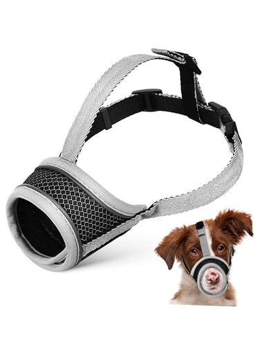 Nylon Dog Muzzle, Breathable Mesh Dog Muzzle, Anti-Biting and Barking, Dog Grooming Muzzle with Adjustable Strap Anti-Fall and Reflective Bright at Night (Grey)