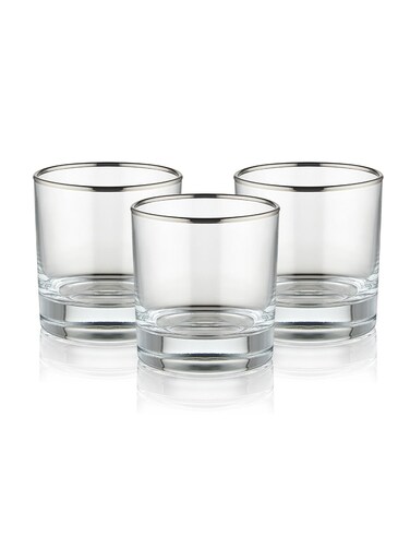 Set of 3 Short Silver Rim Tumblers Glass Double Old Fashioned Rocks Glass 300ML, Made In Turkey