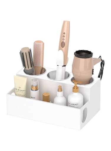 Azonee Acrylic Hair Styling Tool Organizer and Holder - Bathroom Countertop Storage for Blow Dryers, Accessories, Makeup, and Toiletries, White