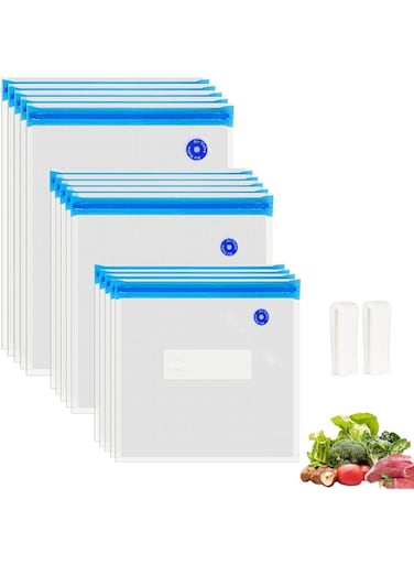 WVacFre Sous Vide Bags 15 pcs Reusable Vacuum Sealer Bags Zip Lock bag for Food Storage and Cooking BPA Free with 2 Sealing Clips