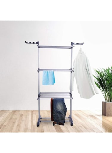 Clothes Airer, Foldable 3 Layer Tier Clothes Airer Folding Hanger Dryer Stand Rack Indoor and Outdoor Folding Clothes Airer Heavy Duty Drying Hanger Rack Rail Drying Space with Wheels and Wings/Parent