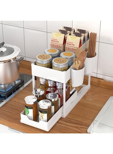 ALMEKAQUZ 1 Pack Under Sink Organizers and Storage Pull Out Sliding Drawer, 2 Tier Multi-purpose Kitchen Under the Sink Organizer Under Bathroom Sink Shelf Storage Rack for Countertop Laundry