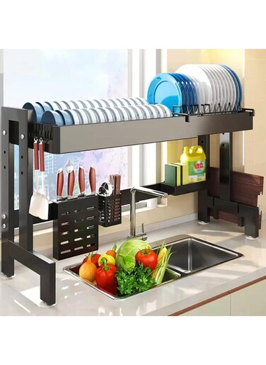 Dish Drying Rack Above Kitchen Sink, 64 &ndash; 100 CM Length Adjustable Over The Sink Dish Rack, Large Dish Drying Stand Drainer with Utensil Holder for Kitchen Countertop Organizer (2 Tier)