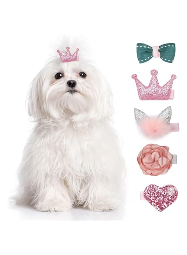 TERRIFI Handmade Small Dog Hair Clips - 5 Pcs Cute Bow Flower Crown Hairpins, Perfect for Parties, Birthdays, Grooming - Durable &amp; Skin-Friendly, Pink