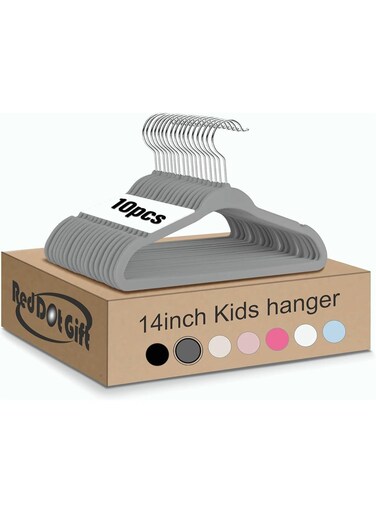 Dot Gift Grey Kids Velvet Hangers (10-Pack) &acirc;&euro;&ldquo; 35cm Non-Slip Toddler &amp; Nursery Clothes Hangers, Space-Saving Design with 360-Degree Swivel Chrome Hook folds.