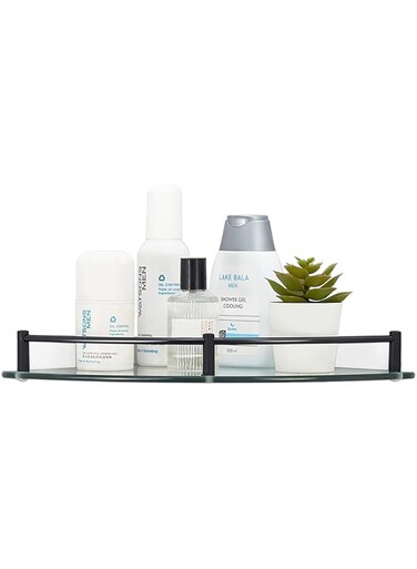 Halyuhn Glass Corner Shower Caddy Wall Mounted, Clear Bathroom Corner Shower Shelf with 6MM Thick Tempered Glass, Black Stainless Steel Corner Shower Organzier for Bathroom (1 Pcs)