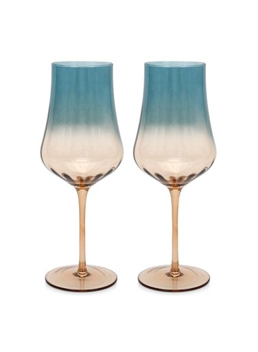 Wine Glass Set of 2 600mL, Handmade Mouth Blown Red Wine Glasses   Elegant Gradient Teal Color Glass   Long Stem Crystal Clear Glasses Excellent Gift