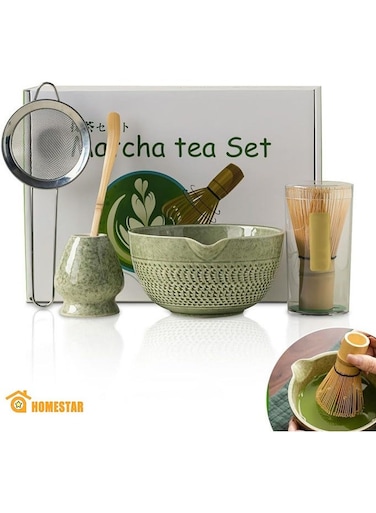 5 Pieces Matcha Tea Set, Handmade Matcha Ceremony Holder Traditional Tea Making Kit with Ceramic Bowl, Tea Sifter, Powder Whisk, Bamboo Scoop, Brush, for Tea Lovers