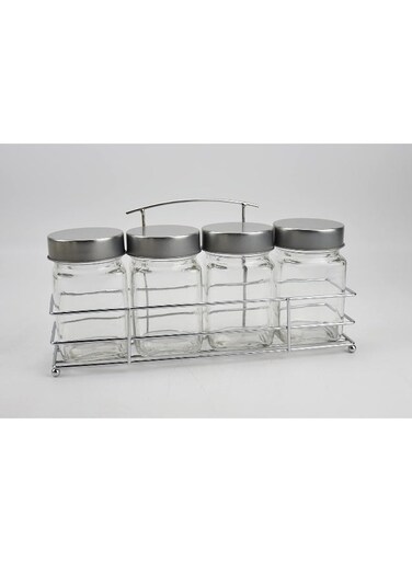 4 Pieces Glass Spice Jar Set With Metal Rack