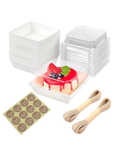 Poicbor 50 Pack Square Paper Charcuterie Boxes, 4" Bakery Boxes, with Clear Lids, Thank You" Stickers and Twine, for Desserts and Bakery Items Ideal for Sandwiches Cake Slices Cookies and More (White)