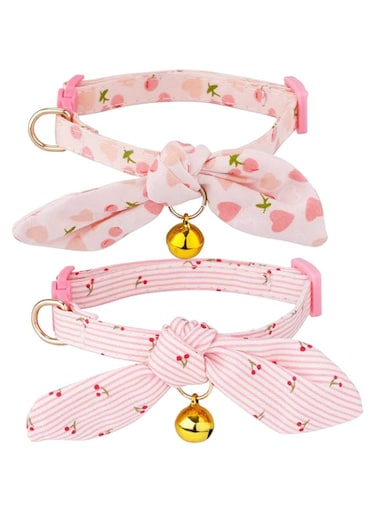 Gosknor 2pcs Cotton Bowtie Cat Collar with Bell, Breakaway Bow Tie Kitten Collars Adjustable Cherry &amp; Pink Heart Cat Collar for Female Cats