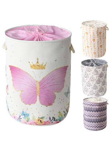 INough Girls Laundry Hamper Fabric Storage Basket Round Laundry Basket for Girls Collapsible Laundry Baskets with Drawstring Closure, Mermaid Room Decor for Girls Room, Laundry (Butterfly)